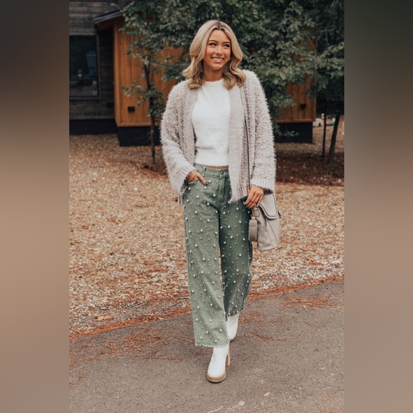 POL Pearl Beaded Distressed Raw Hem Straight Leg Denim Sage Green - Picture 4 of 9